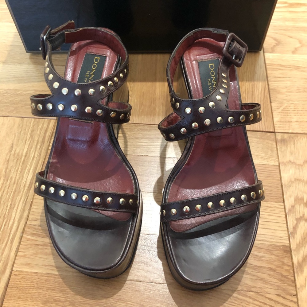 Donna Karan Brown Platform Sandal with gold stud detail size 5.